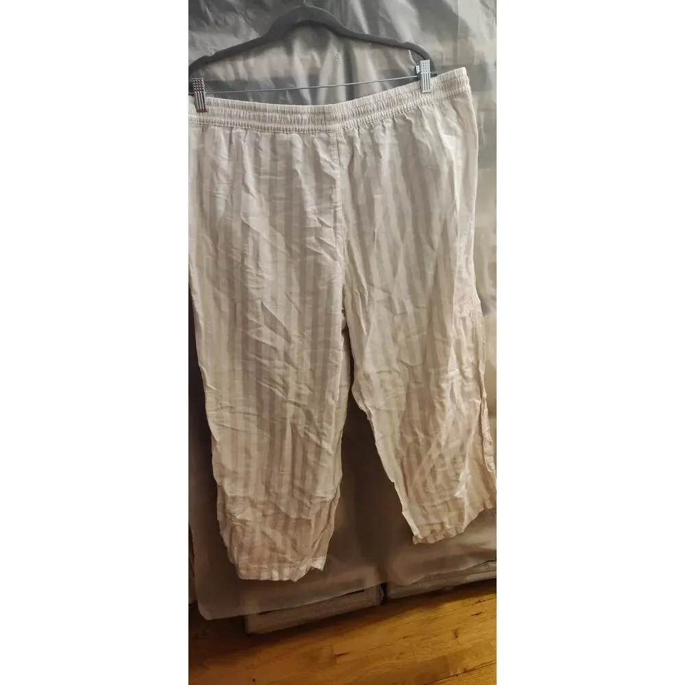 H&M Wide-Cut Pull-on Linen Pants In Taupe White Stripes Size XXL Pockets